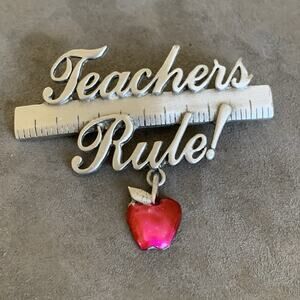 Vintage JJ Jonette Jewelry pin brooch Teachers Rule matte Silver tone Red Apple